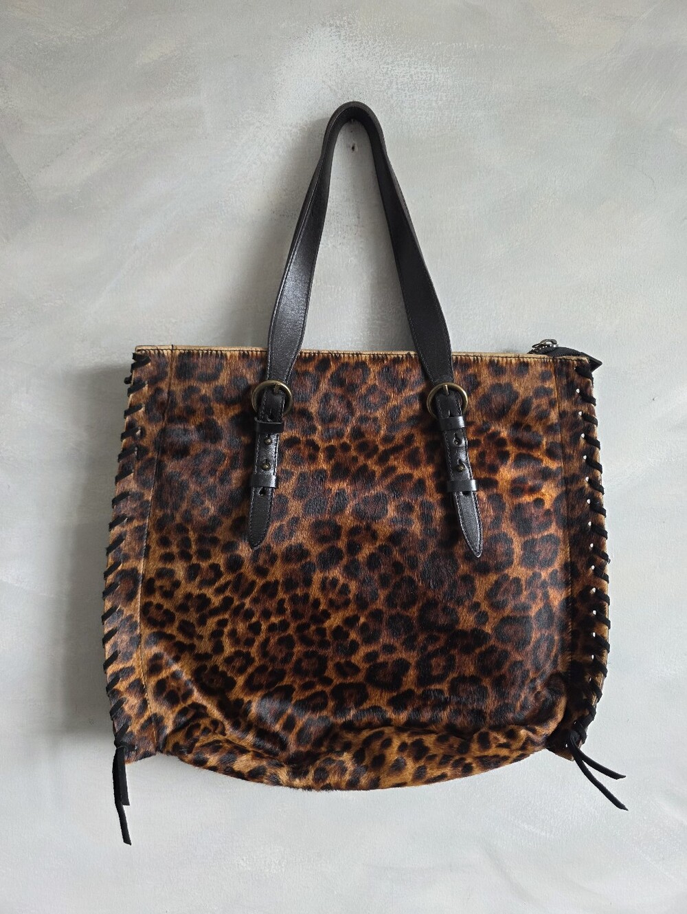 Convalore Rachael Ray Leopard Haircalf Leather Lace Up Whipstitch Tote Bag 18x14